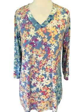 Women's Blue Floral V-Neck Tunic Top/Mini Dress